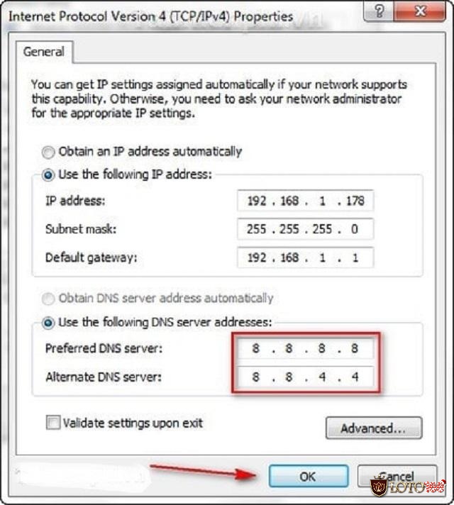 Thay đổi DNS: 8.8.8.8