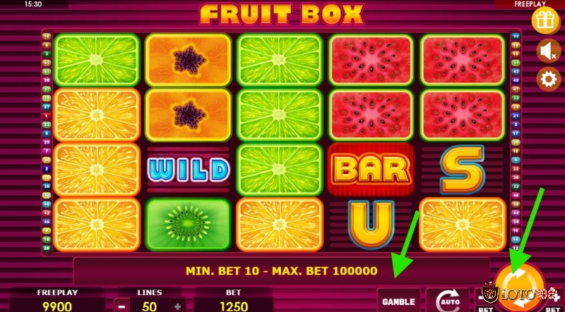 Để chơi Fruit Box chỉ cần chọn cược và quay, có thể chọn tính năng Gamble để tăng giải thưởng